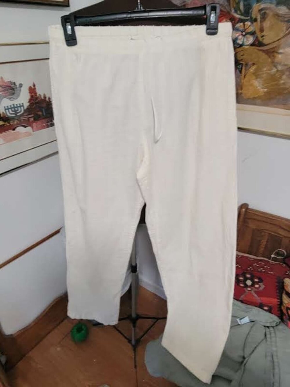 Vintage Cream Drawstring waist Loose Unisex Pants from Manos Bratis